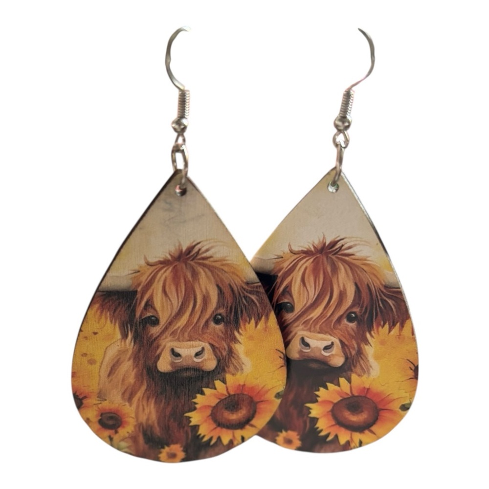 Sunflower Highland Cow Wooden Teardrop Earrings